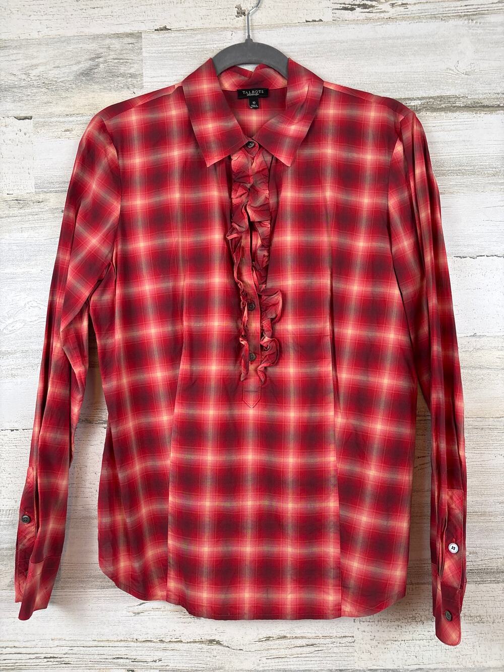 Talbots Womens 10 Red Tan Plaid Tuxedo Ruffle 1/2 Button Up Collared Shirt